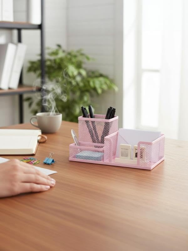 Metal Mesh Toz Pembe Masaüstü Organizer – 3 Bölmeli, Çok Amaçlı Düzenleyici - ND-133