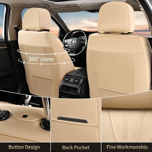 Image of FLORICH Front Seat Covers, Leather Car Seat Covers Luxury Automotive Seat Covers Waterproof Car Seat Protectors Universal Fit for Most Cars SUV Trucks Vehicles, Beige