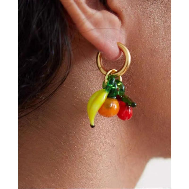 Fun Fruit Dangle Earrings for Women - Glass Cherry, Banana, Pumpkin Charms, 18K Gold - Plated Brass Hoops, Quirky Summer Statement Jewelry with Velvet Box2