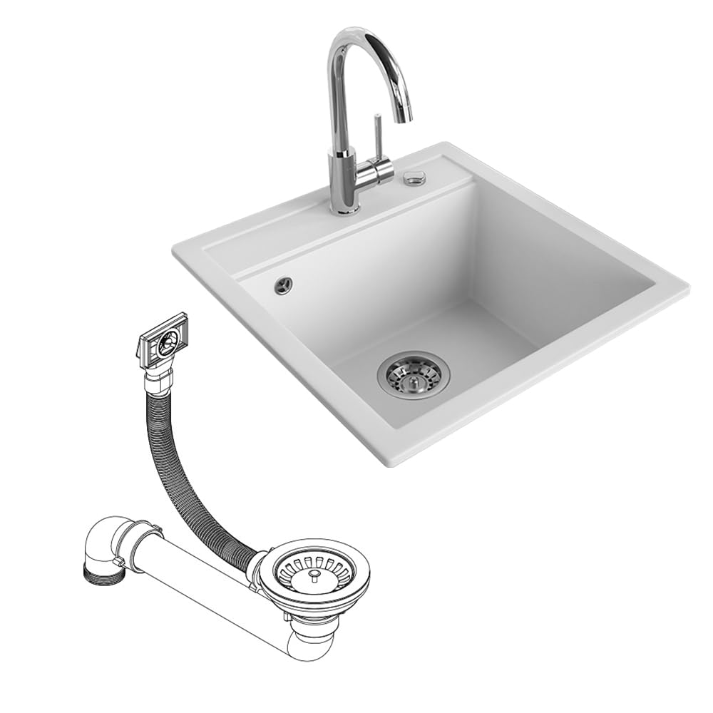 Bergström Évier "Tesa", Blanc, 49x51cm | avec garniture d'écoulement et trous de robinetterie pré-percés