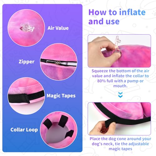Image of Dog Cone, Y-blue Cone Collar Inflatable Dog Neck Collar Recovery E-Collar Alternative, Cat Donut Collar After Surgery for Dogs and Cats(Rose Purple, M)