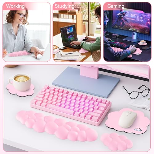 Image of Sushret Cloud Wrist Rest for Computer Keyboard, 4-in-1 Memory Foam Leather Cloud Keyboard Wrist Rest and Mouse Pad Set with Ergonomic Support for Arm and Palm Cushion, Gaming /Work Setup, Pink | Memory Foam, Leather, 4-in-1 Cloud Keyboard Wrist Rest Set with Ergonomic Support for Arm and Palm Cushion, Gaming /Work Setup