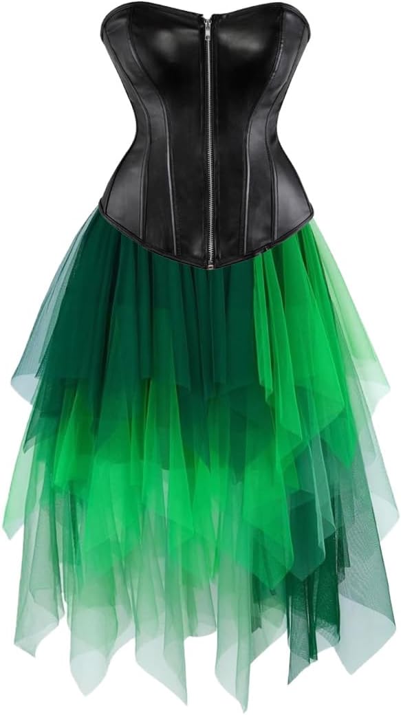 Jutrisujo Leather Corset Dress Multi Layer Skirt Tulle Set Bustier Boned Zipper Biker Girl Costume Pirate Lingerie Women