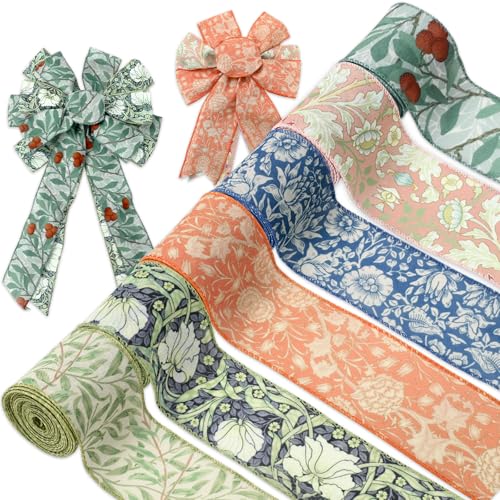 Whaline William Morris Floral Wired Edge Ribbon 2.5 Inch Vintage Flower Fabric Decorative Wrapping Ribbon for Spring Birthday Wedding DIY Crafts Wreath Bow Making 6 Rolls 30 Yard