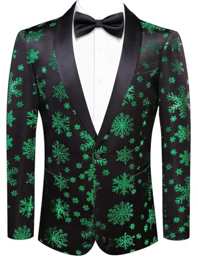 Hi-Tie Stylish Men Suit Jacket Blazer Shawl Lapel One Button Slim Fit Long Sleeve Jacket Tuxedo Party Dinner Black Green Snowflake Xmas Medium