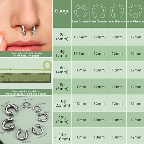 YADOCA Surgical Steel Septum Kit - 2G to 14G Septum Rings, Pincher, Tapers & Gauge, Nose Piercing Jewelry - Silver & Black Tone4