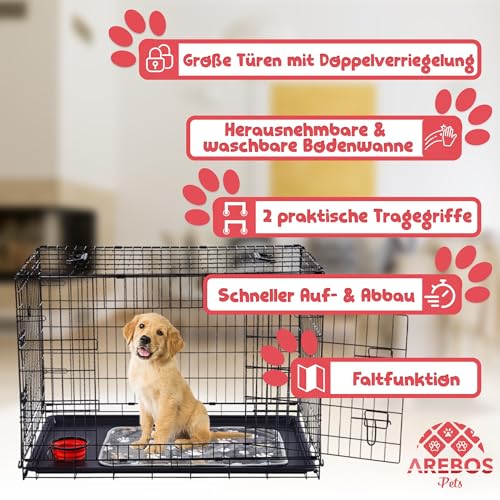 Arebos Hundekäfig 107 x 71 x 77,5 cm | Hundetransportbox Auto klappbar | Hundebox faltbar | Transportbox Hund mit 2 Türen | Hundekäfig für Zuhause | XL Schwarz