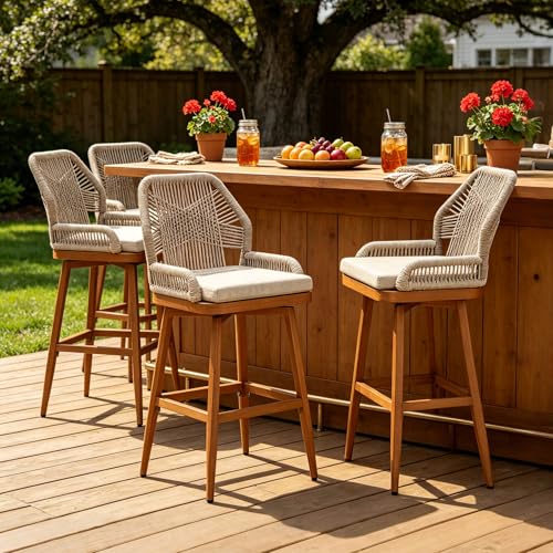 Image of PURPLE LEAF Swivel Counter Height Bar Stools Set of 2, Cushion, Deep Teak | 360 Rotating, All-weather Wicker, Heavy Duty Aluminum, Removable Cushion, Ergonomic Backrest, Indoor Outdoor, Easy Clean