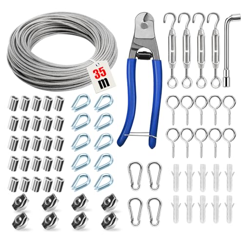 50m Drahtseil-Set 2mm – PVC-beschichtet, 304 Edelstahl, Mit M5 Spannsystem – Für Pflanzen, Wäsche & Lichterketten