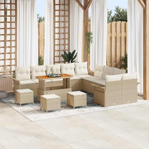 Mokuyary Juego de sofá de jardín con cojín, 14 unidades, color beige, poliratán, muebles de balcón, jardín, jardín, jardín, jardín, terraza, balcón, color crema, 110 cm, longitud de tafetán M336K201
