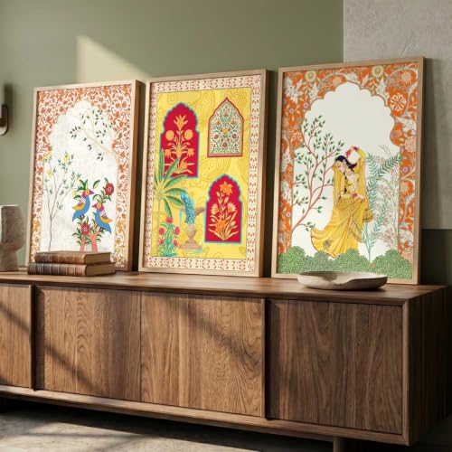 Image of kotart Indian Traditional Madhubani Wall Art Painting With Frame | Paintings Home Decoration For Living Room Bed Room Hotel Wall Decor Digital Reprint Set of 3 (13x17 inch)