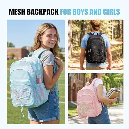 Image of COVAX Mesh Backpack for School Heavy Duty Semi-Transparent Bookbags for Beach, Swimming, Sports, Work, Travel (Light Blue)