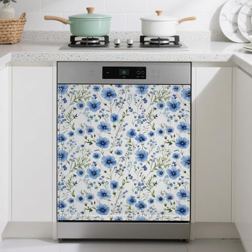 Image of Blue Floral Magnetic Dishwasher Cover,Cornflower Dishwasher Covers for The Front Magnetic Dishwasher Panel Decal Cover for Kitchen 23x26inch