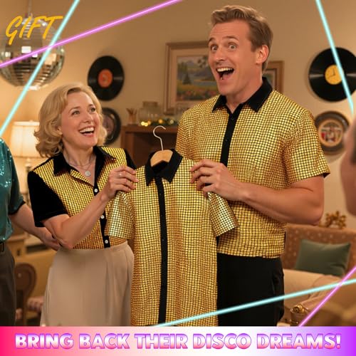 Image of Zando Men's Sequin 70s 80s Disco Shirt - Retro Short Sleeve Button Up Costume Halloween New Year Party Outfit Top & Clubwear