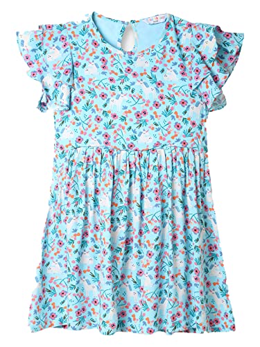 Image of UrbanMark Junior Girls Rayon Floral Printed Cap Sleeves Dress with Stylised Ruffles -Light Blue