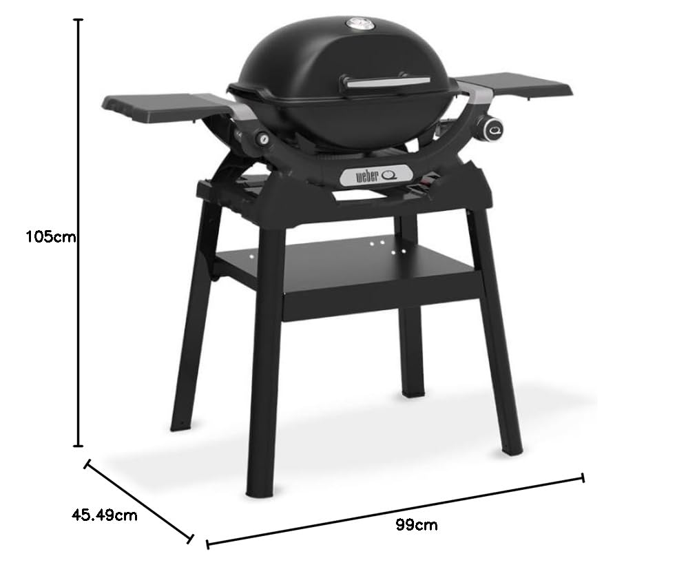 Weber Barbecue a gas Q 1200N con ripiani laterali e supporto/BBQ compatto, griglie in ghisa smaltata, termometro integrato, bruciatore ad alta efficienza, area di cottura 1290 cm², Midnight Black