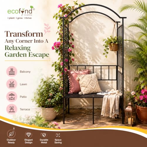 Image of ecofynd 6.8 Feet High 3.8 Feet Wide Garden Arch with 2-Seater Bench, Metal Arbor Trellis for Climbing Plant with Outdoor Garden Chair, Backdrop Stand for Wedding Lawn Backyard Party Decor (GC004-BLK)