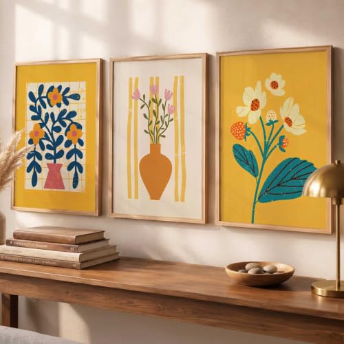 Image of kotart Aesthetic Floral Art Home Decoration | Boho Floral Paintings With Frame For Living Room Bed Room Hotel Wall Decor Digital Reprint Set of 3 (14x20 Inch)