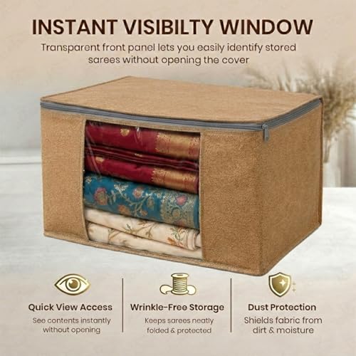 Image of Lukzer Non-Woven Leather Printed Saree Covers for Storage with Transparent Window & Zip - Large Set of 06 | Cloth Storage /Wardrobe Organizer for Woman Clothes /Lehengas /Dresses 45x33x20CM - (LSC-03-06)