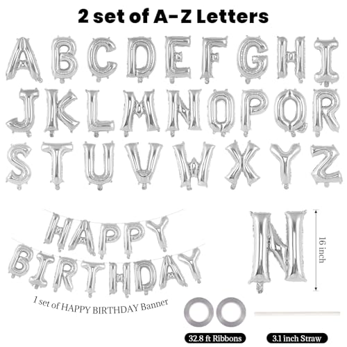 Image of 65 Pcs Silver Happy Birthday Balloons, 2 Sets A-Z Silver Letters Foil Balloons, 16 Inch Personalized Name Happy Birthday Banners for Wedding Baby Shower Anniversary Party Decorations