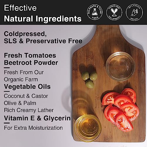 Image of Soulflower Tomato Soap Tan Removal, Skin Acne, Pimple, Blemishes, Fine Lines, Wrinkles | Handmade, Premium, Nautral, Bathing Soap | Tomato, Beetroot Extract, Olive Oil, Castor Oil, Vitamin E | 150g