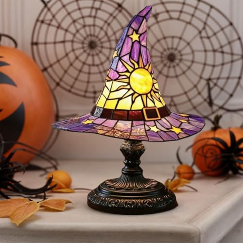Image of Witch Hat Lamps, Handcrafted Stained Glass Resin Wizard Hat Light Gothic Table Lamp for Halloween Decor, Spooky Night Light for Bedroom and Indoor Parties, Unique Wiccan Gift