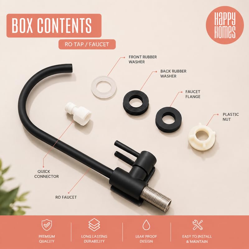 Image of Happy Homes Stainless Steel Faucet Tap - Ideal for Undersink RO Water Purifiers & Kitchen Sinks - Durable Drinking Water Filter Tap (Black Matt)