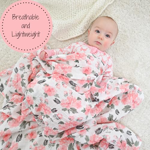 Image of LollyBanks Muslin Swaddle Blankets for Girls, Large 47 x 47 Inches Soft Swaddles for Newborns, 100% Cotton Breathable and Lightweight Baby Blanket, Baby Essentials, Registry (Pink Peony Print)