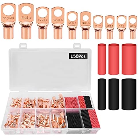 150Pcs Terminals Copper Wire Lugs, 70Pcs AWG 2 4 6 8 10 12 Copper Wire Terminal Connectors with 80Pcs Heat Shrink Tubing, Heavy Duty Battery Cable Closed End Tubular Ring Terminals Connectors Cover