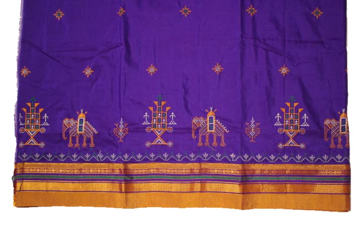 Image of Women Ilkal Cotton Blended Silk Kasuti Embroidery Saree with Traditional Stripe Pallu Unstitched Blouse Pattu