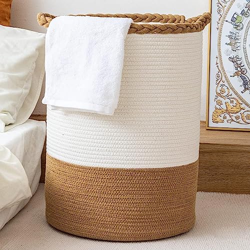 Image of ALBY Woven,Tall Wicker Laundry Basket for Blankets,Clothes,Pillows,Toys,Shoes Large Cotton Laundry Hamper for Bedroom Living Room Bathroom Nursery (72L /Extra Large16 inchD x 22 inchH, WhiteA)