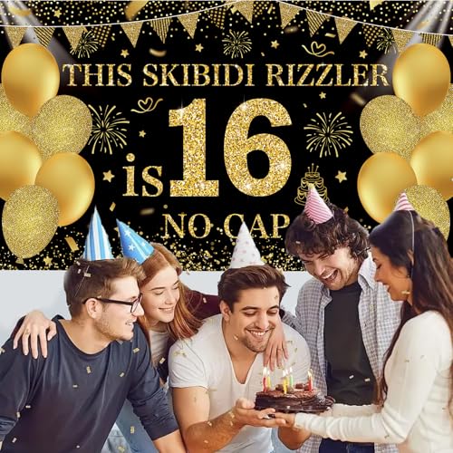 Image of Black Gold This Skibidi Rizzler is 16 No Cap Happy Birthday Backdrop Banner Photography Background Decorations for Boys Girls 16th Year Bday Party Accessories Supplies 72.8 * 43.3in