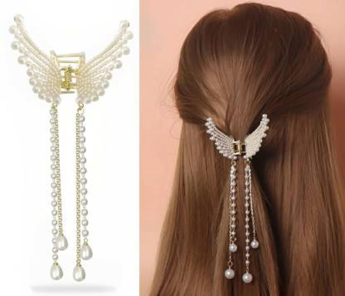 AP SALES Pearl Butterfly Hair Accessories | Wedding Claw Clutcher Metal Clip | Stone Women Hair Clutche (1) 1