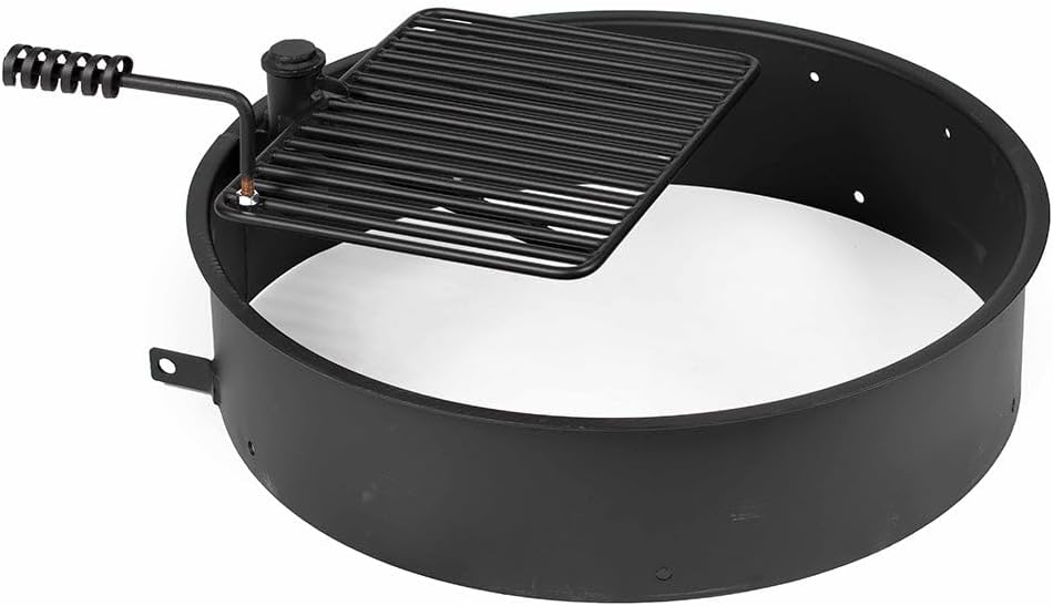 Ash & Ember 32" Steel Fire Pit Ring with Cooking Grate, 15.5" x 19.5" Swivel Grate with Spring Handle, Steel Fire Ring & Campfire Grill Combo for Outdoor Cooking, Durable High-Temp Finish