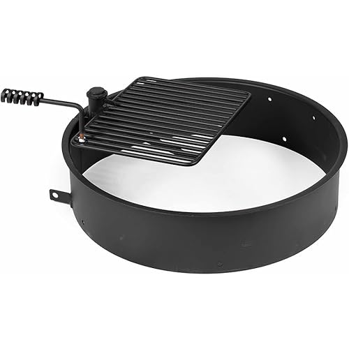Ash & Ember 32" Steel Fire Pit Ring with Cooking Grate, 15.5" x 19.5" Swivel Grate with Spring Handle, Steel Fire Ring & Campfire Grill Combo for Outdoor Cooking, Durable High-Temp Finish
