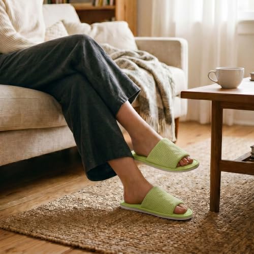 Image of Women's Open Toe House Slippers - Breathable Waffle Fabric, Memory Foam Cushioning, Slip-On Summer Indoor Slippers, Non-Slip TPR Sole, Easy Care