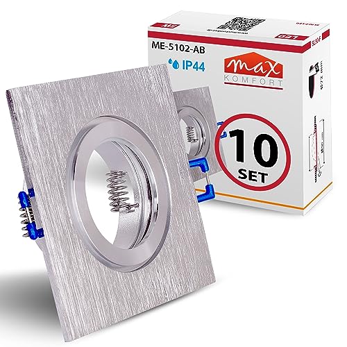 10x Einbaustrahler Bad IP44 mit GU10 Fassung ECKIG alu gebürstet Einbauspot Einbauleuchte Rahmen Rostfrei Deckenspot Strahler Spot 5102