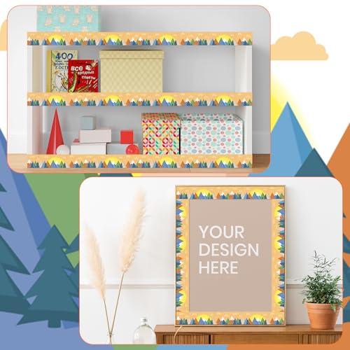 Image of BeYumi Moving Mountains Border Trim - 65ft Back to School Moving Mountains Straight Rolled Border Trim Woods Pine Trees Bulletin Board Borders Orange Decor Classroom Office Chalkboard Party Decoration