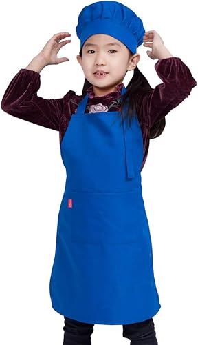 Juego de delantal y gorro de chef para niños, delantal ajustable con babero para niños con 2 bolsillos. Lindo delantal de cocina para niños y niñas