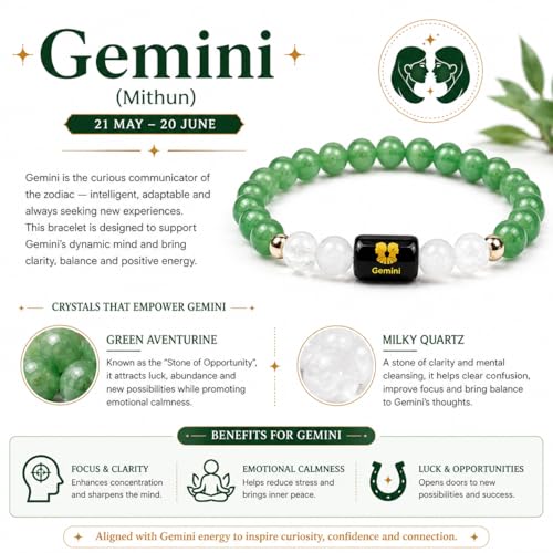 Image of Gemini Zodiac Bracelet (मिथुन राशि) for Men & Women | Green Aventurine & Milky Quartz Crystal Bracelet for Emotional Balance, Focus & Positive Energy | Astrology Healing Bracelet Gift