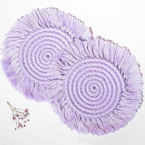 lavivie Macrame Coasters Woven Boho Handmade Absorbent Placemats, for Desk Table Kitchen Dining Room Drink Picnic Housewarming Home Decor Rattan Wicker Bamboo (Lavender (Set of 2))
