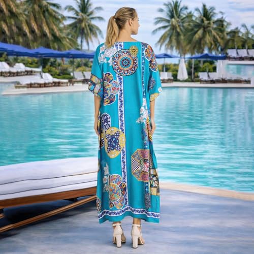 Image of Miss Lavish London Teal Kaftan Dresses for Women V Neck Batwing Sleeve Beach Vacation Bikini Swimsuit Cover Ups, Ethnic Print Plus Size African & Dubai Caftan Maxi Dress with Side-Teal-M