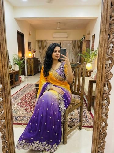 Image of Soft Fandy Satin Saree with Fancy C Pallu, Sequence Zari Work & Heavy Embroidered Stitched Blouse (Free Size)