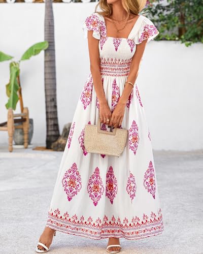 BTFBM Summer Dresses for Women 2025 Floral Smocked Boho Sleeveless Square Neck A Line Casual Beach Maxi Dress Pockets
