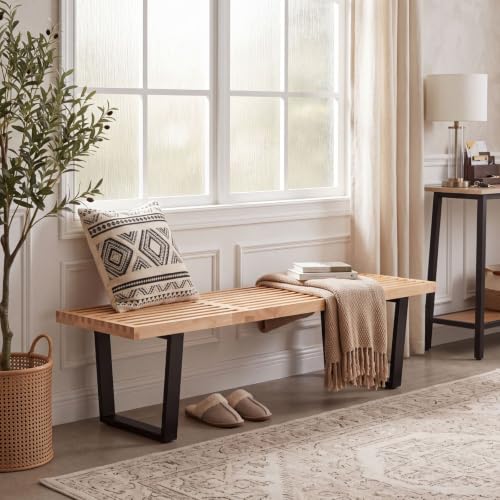 QUINJAY Wooden Dining Bench 55”Industrial Table Benches, Modern Entryway Bench Bedroom End of Bed Bench with Metal Legs, Mid Century Kitchen Bench Long Seating Bench for Living/Dining Room, Natural