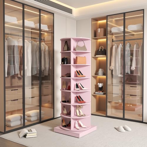 Image of HKLYRHIMO Rotating Storage Rack-American Design White-7-Tier Spinning Storage Rack,Free Standing 360 Revolving Shoe Organizer-for Bedroom,Livingroom,Hallway. (Pink,6-Tier with Base)