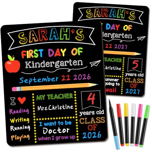 First & Last Day of School Signs with 6 Writing Pens 10 x 12 Inch Double Sided Back to School Board Reusable Wooden 1st Day of Preschool/Kindergarten Photo Props