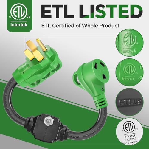 Image of 50A to 30A RV Adapter & Surge Protector for Campers, Trailers - NEMA 14-50P to TT-30R Plug with Circuit Breaker, ETL-Listed 18.5 Inch
