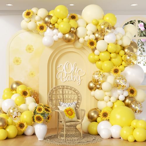 Yellow Bee Balloon Arch Kit with Metallic Gold Confetti Yellow and White Balloons for Bee Lemon Wedding Baby Shower Birthday Party Decorations