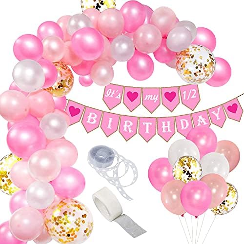 Pink 'Happy 6 Months' Party Banner & Balloons – Halfway To One Birthday Decorations For Baby Girl Celebrations